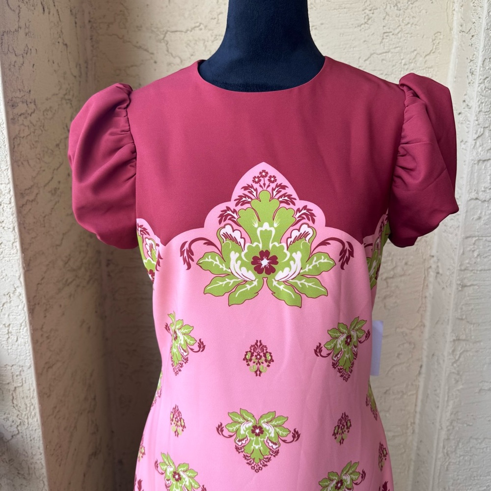 Mestiza New York Perla Flamingo Flourish Midi Dress Sz 8 Crew Neck Puff Sleeve - Picture 7 of 15